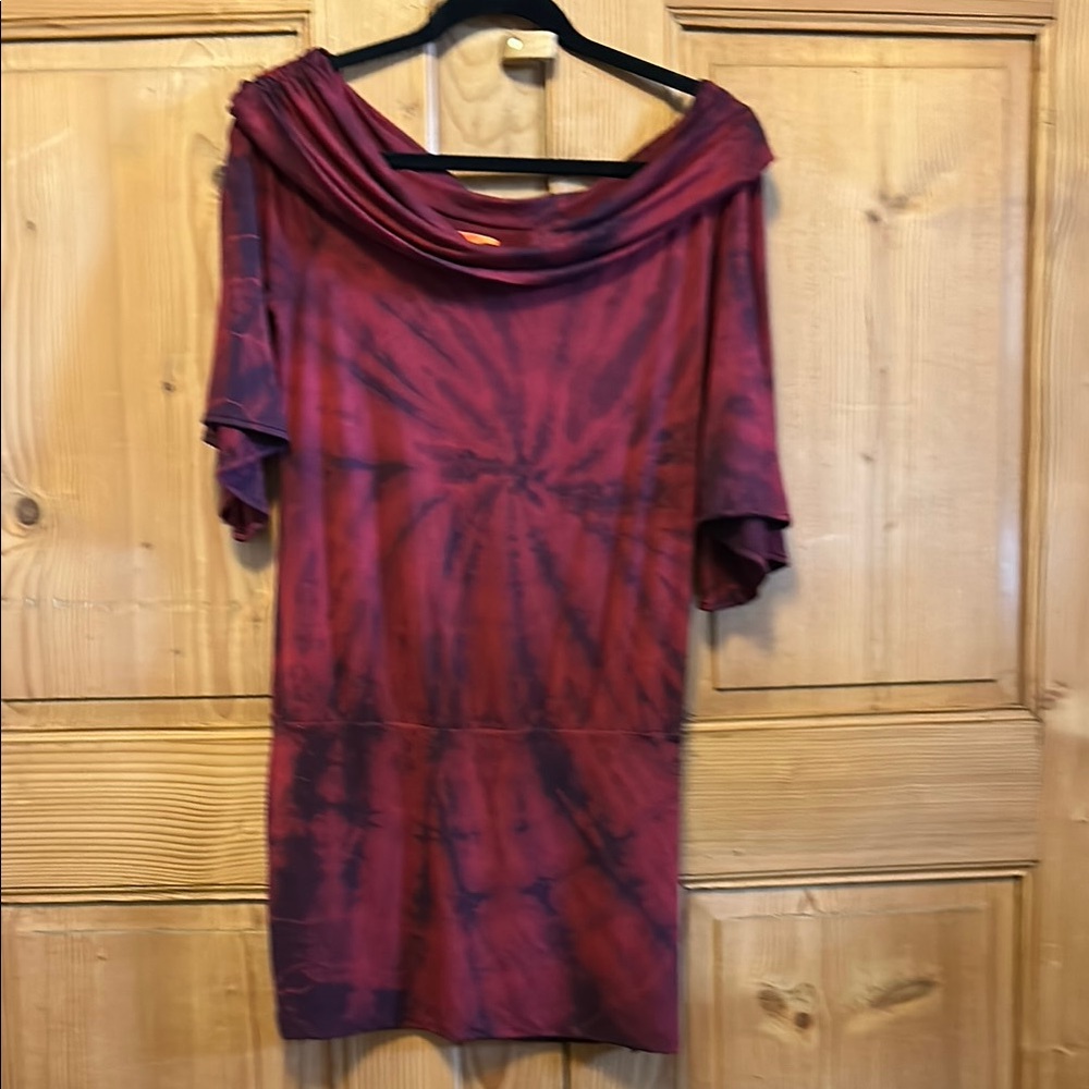 Y2K Michelle Jonas Red Tie-Dye Off-Shoulder Tunic Top Flutter Sleeve Drop Waist